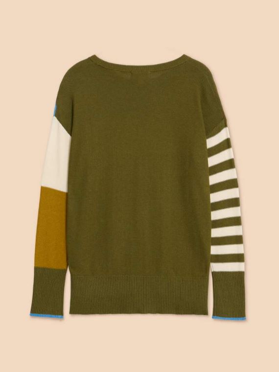 White Stuff Olive Abstract Jumper. A regular fit with a striped design on one arm, block green colour on the back, and green, blue, mustard and cream abstract stripes on the front.