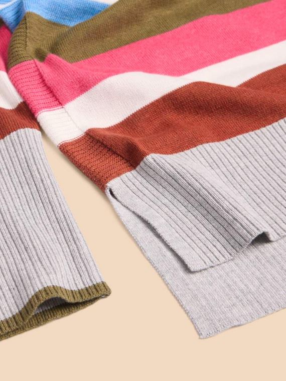 White Stuff Olive Stripe Jumper. A regular fit jumper with a crew neck and a colourful thick stripe design