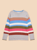 White Stuff Olive Stripe Jumper. A regular fit jumper with a crew neck and a colourful thick stripe design