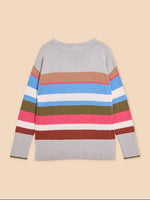 White Stuff Olive Stripe Jumper. A regular fit jumper with a crew neck and a colourful thick stripe design