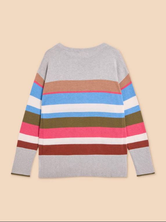 White Stuff Olive Stripe Jumper. A regular fit jumper with a crew neck and a colourful thick stripe design