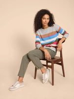 White Stuff Olive Stripe Jumper. A regular fit jumper with a crew neck and a colourful thick stripe design