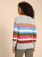 White Stuff Olive Stripe Jumper. A regular fit jumper with a crew neck and a colourful thick stripe design