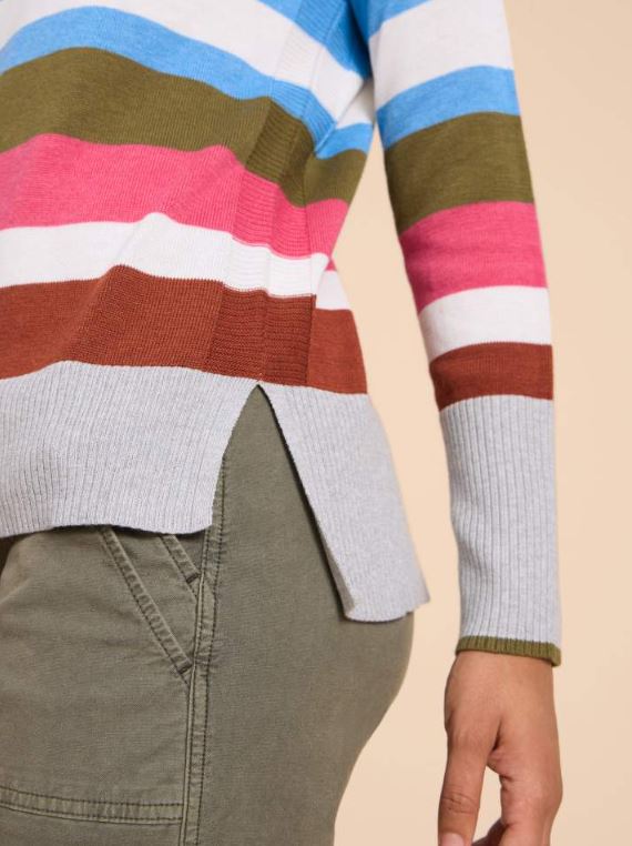 White Stuff Olive Stripe Jumper. A regular fit jumper with a crew neck and a colourful thick stripe design