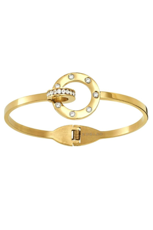 Edblad Ida Bangle Large. A gold plated bangle with interlocking ring design and cubic zirconia stones.