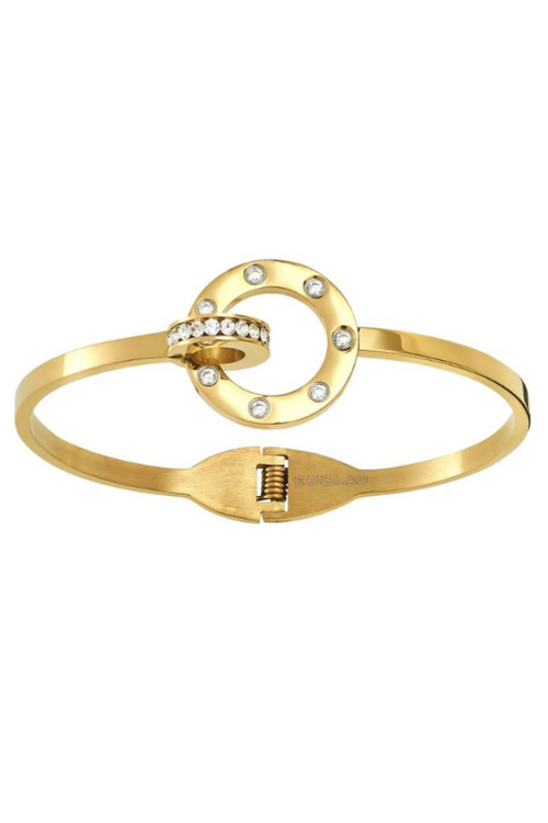 Edblad Ida Bangle Gold. A gold plated bangle with cubic zirconia stones and interlocking ring design.