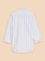 White Stuff Sophie Organic Cotton Shirt. A classic fit shirt with button fastening, two chest pockets and an all-over embroidered design with navy, yellow and white dots.