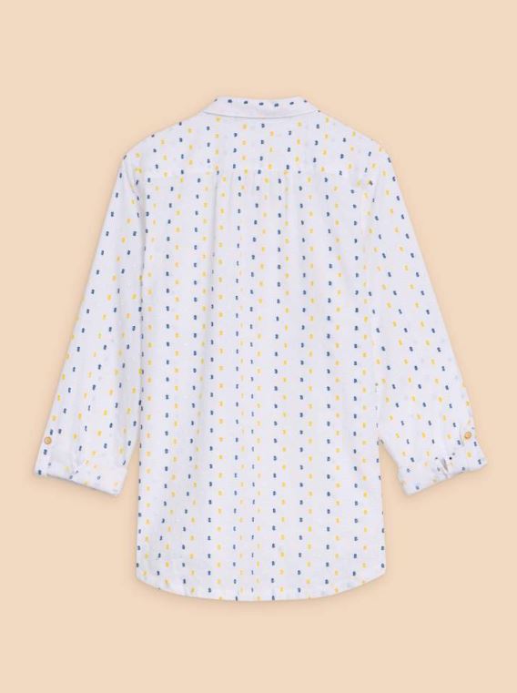 White Stuff Sophie Organic Cotton Shirt. A classic fit shirt with button fastening, two chest pockets and an all-over embroidered design with navy, yellow and white dots.