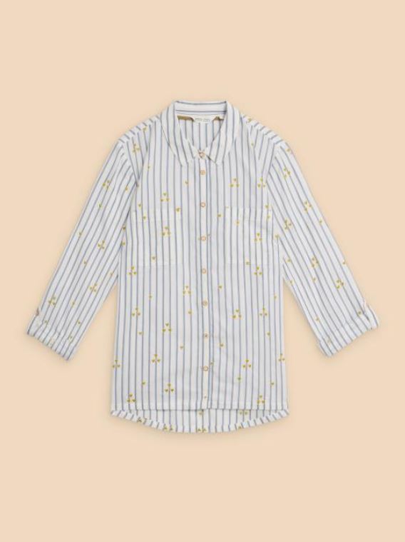 White Stuff Sophie Heart Embroidered Shirt. A regular fit shirt with an all-over striped design and subtle yellow heart embroidery.
