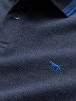 Rodd & Gunn Masterton. A sports fit polo shirt with short sleeves and collar. This shirt has a two button placket and is navy with a lighter blue edge on the collar.