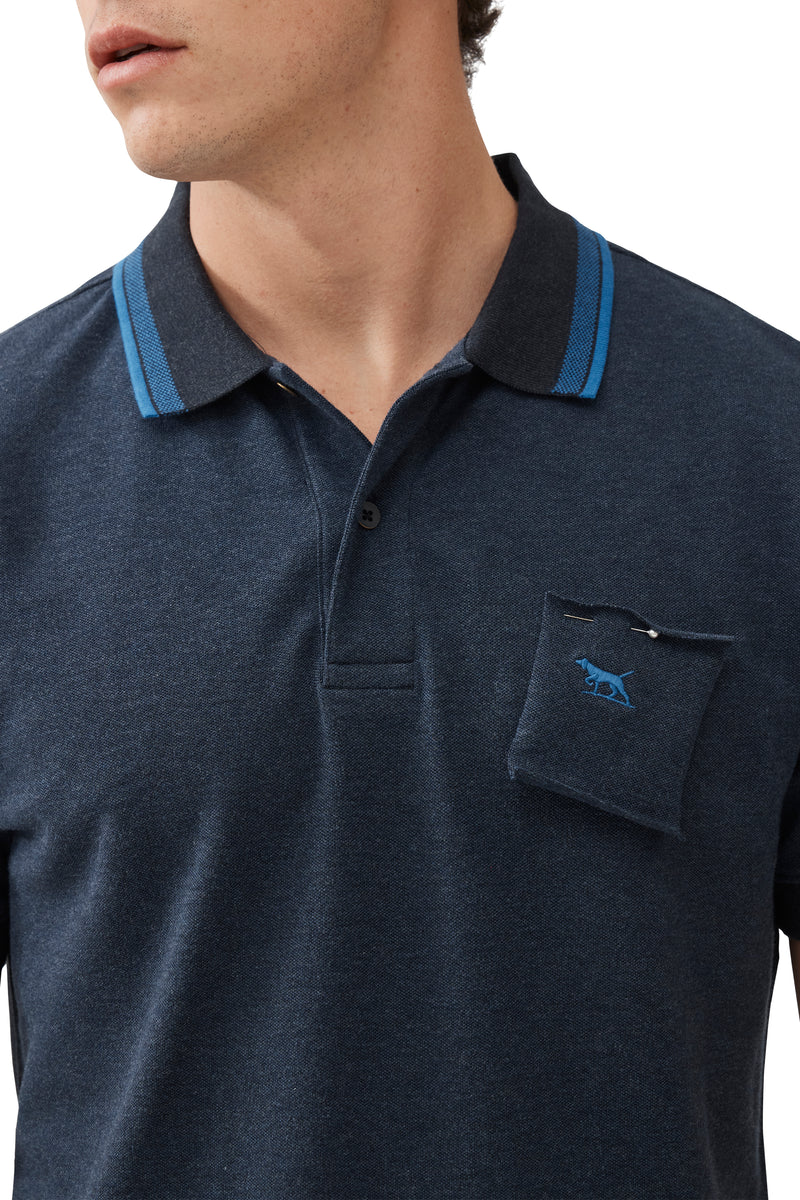 Rodd & Gunn Masterton. A sports fit polo shirt with short sleeves and collar. This shirt has a two button placket and is navy with a lighter blue edge on the collar.