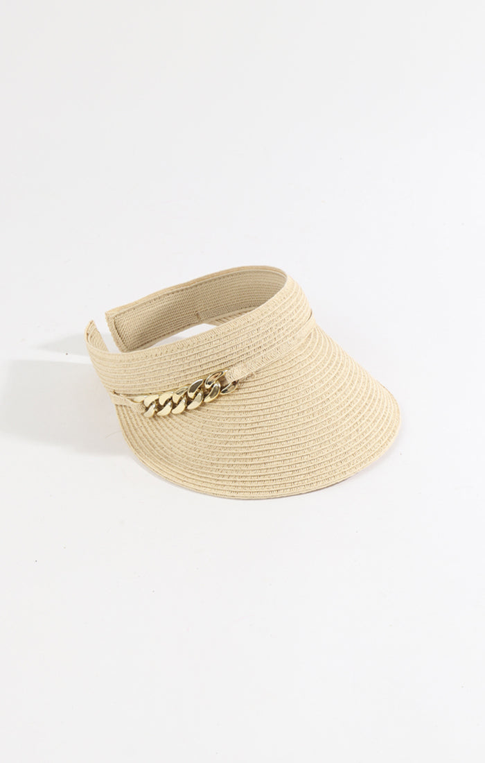 Pia Rossini Khari Hat. A straw visor style hat in a natural colour with gold chain detail.