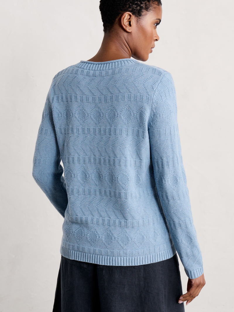 An image of a model wearing the Seasalt Kinter Jumper in the colour Salt Water.