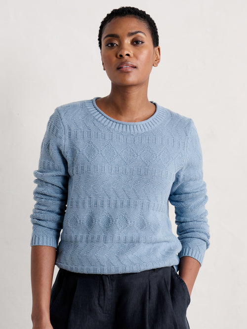 An image of a model wearing the Seasalt Kinter Jumper in the colour Salt Water.