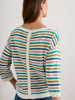 Seasalt Knavock Jumper. A relaxed fit jumper with long sleeves, boat neck, button fastening, and multicoloured striped pattern.