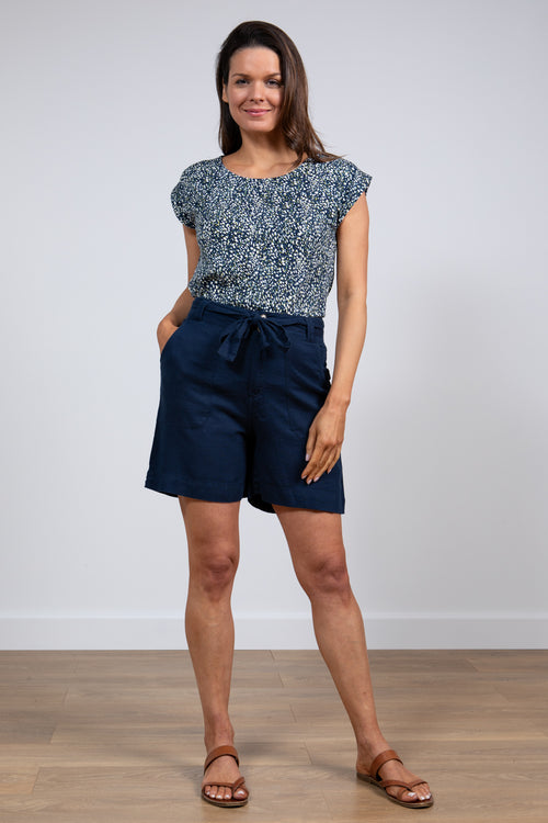 Lily & Me Naomi Shorts. A mid-thigh length short with waist tie and pockets in the colour navy.