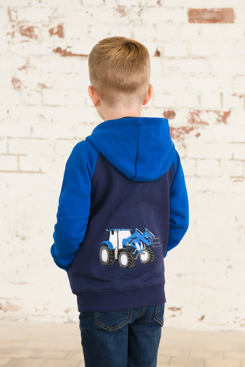 Lighthouse Jackson Full Zip Hoodie. A boys zip-up hoodie with waist pockets, a soft jersey lined hood, and a a navy torso with a tractor piqué on the chest and blue sleeves.