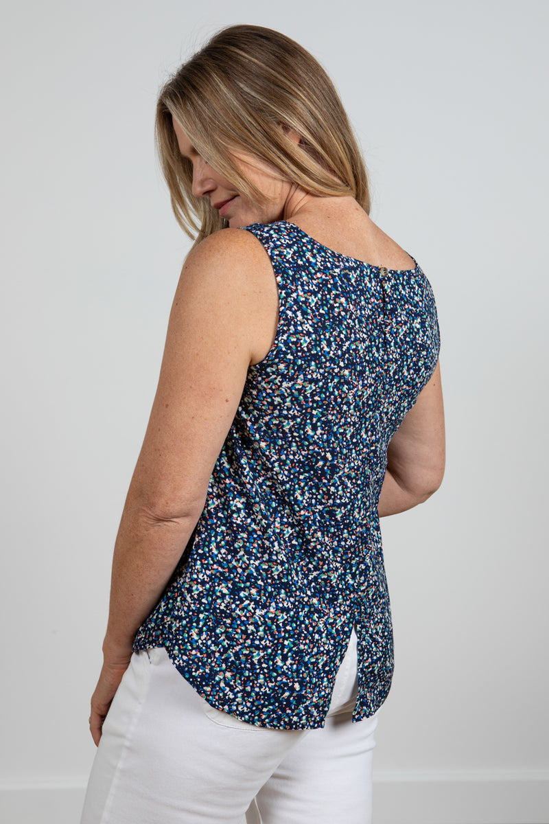 Lily & Me Sea Breeze Terrazzo Vest. A sleeveless, floaty, V-neck vest with ditsy multicoloured print.