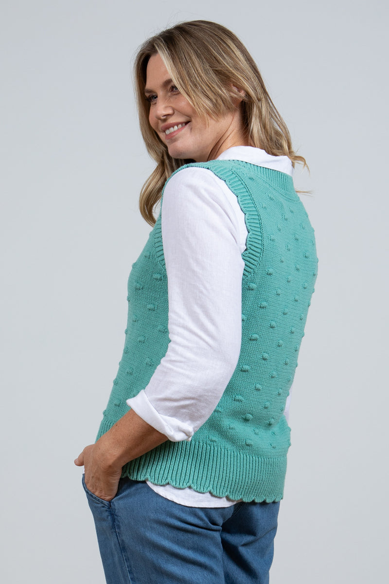 Lily & Me Saffy Tank Top. A sleeveless V-neck top with bubble stitch detail and scalloped hem in sea green.