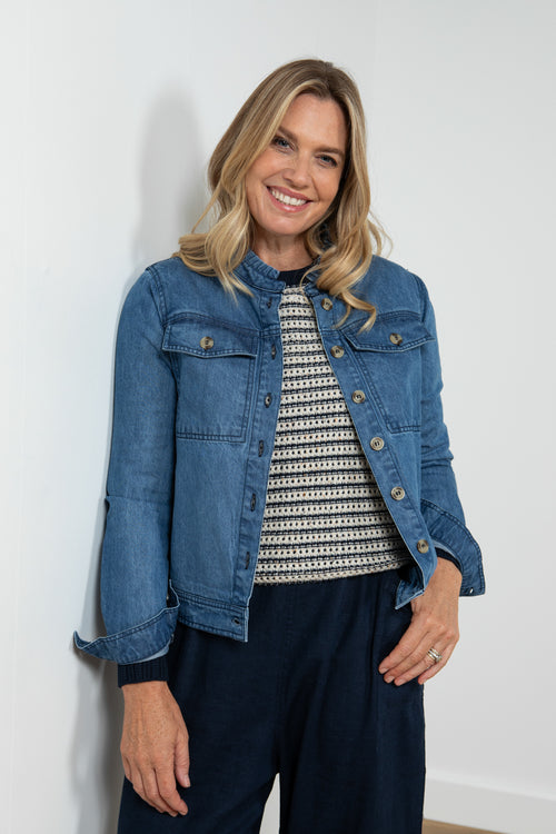 Lily & Me Clovely Denim Jacket. A boxy fit, long sleeve jacket with frilled collar and pockets in classic blue denim.