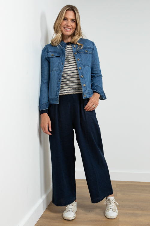 Lily & Me Clovely Denim Jacket. A boxy fit, long sleeve jacket with frilled collar and pockets in classic blue denim.