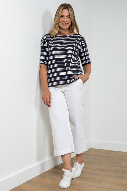 Lily & Me Blockley Stripe Top. A boxy fit top with elbow length sleeves and black and white striped pattern.