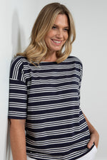 Lily & Me Blockley Stripe Top. A boxy fit top with elbow length sleeves and black and white striped pattern.