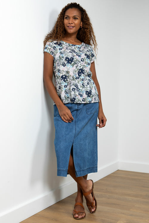 Lily & Me Sun Shade Top Meadow Spray. A semi-relaxed fit top with capped sleeves and round neckline in a multicoloured floral print.