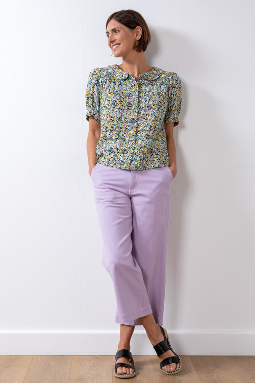 Lily & Me Isla Crop Trouser Twill. A crop fit, wide leg trouser with pockets, made from stretch fabric in a lavender purple colour.