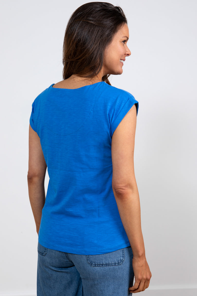 Lily & Me Surfside Plain Tee. A capped sleeve T-shirt with round neckline, in a vibrant blue colour.