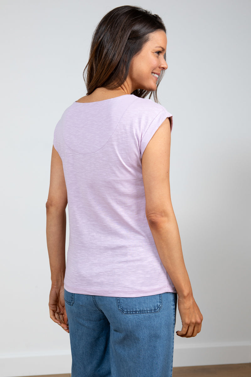Lily & Me Surfside Plain Tee. A capped sleeve T-shirt with round neckline, in a soft purple colour.