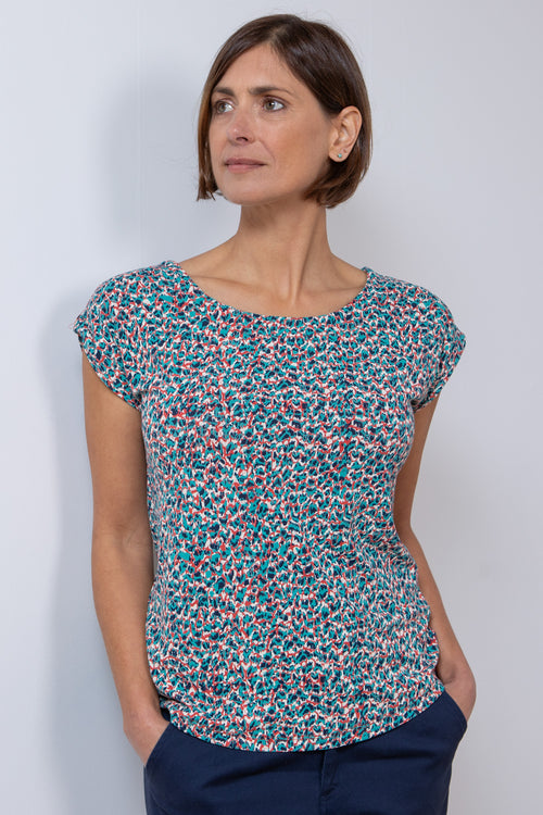 Lily & Me Surfside Animal Tee. A capped sleeve, round neck T-shirt with multicoloured animal print.