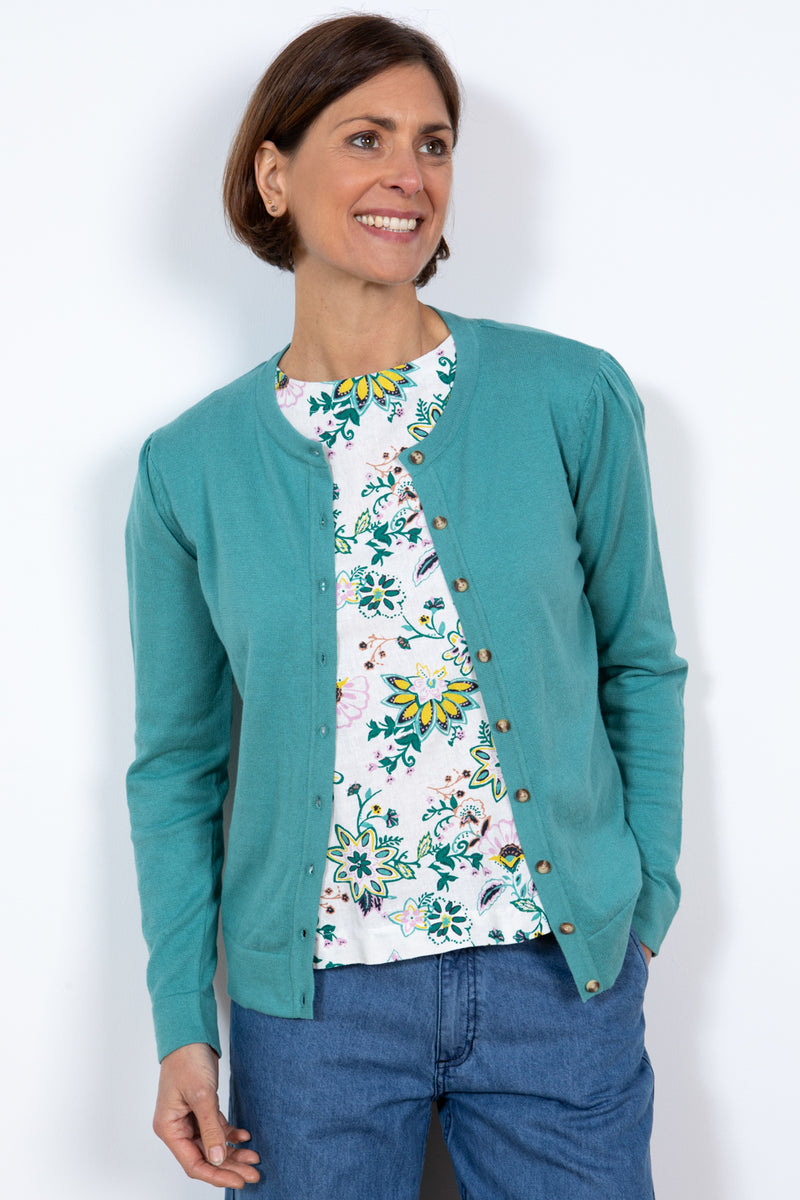 Lily & Me Camellia Cardi. A long sleeve, round neck cardigan with button closure, in sea green.