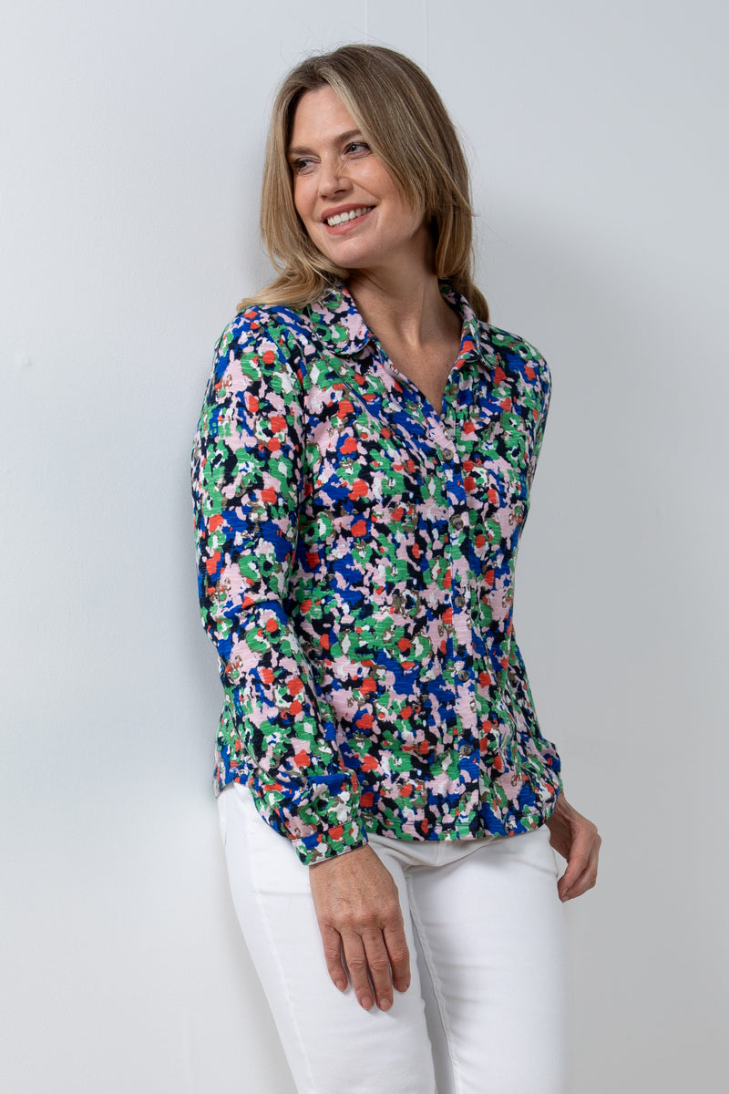 Lily & Me Bowbridge Frieda Top. A relaxed fit, long sleeve, collared neckline top with multicoloured pattern.