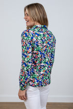 Lily & Me Bowbridge Frieda Top. A relaxed fit, long sleeve, collared neckline top with multicoloured pattern.