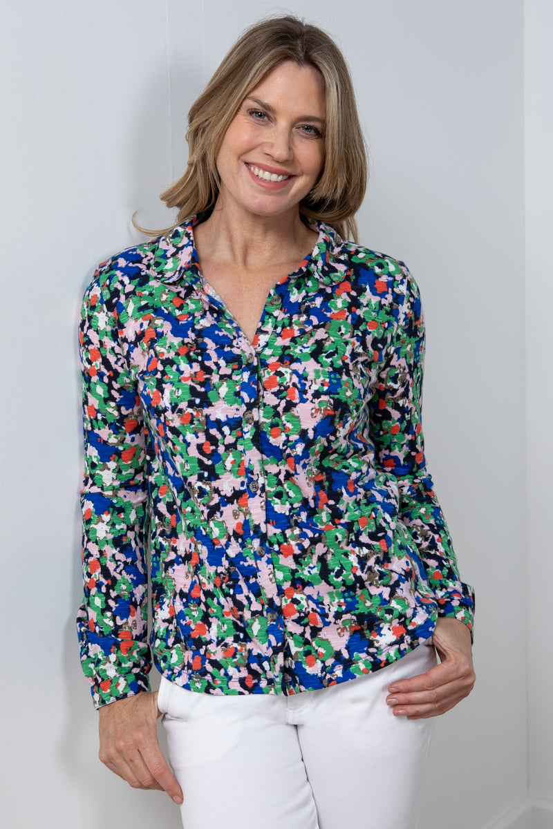 Lily & Me Bowbridge Frieda Top. A relaxed fit, long sleeve, collared neckline top with multicoloured pattern.