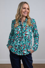 Lily & Me Bowbridge Frieda Top. A relaxed fit, long sleeve, collared neckline top with multicoloured pattern.