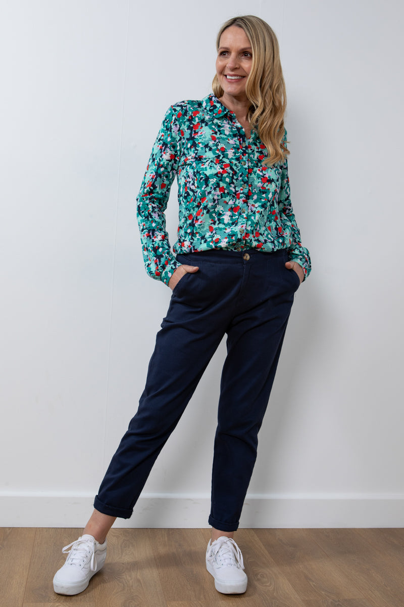 Lily & Me Bowbridge Frieda Top. A relaxed fit, long sleeve, collared neckline top with multicoloured pattern.