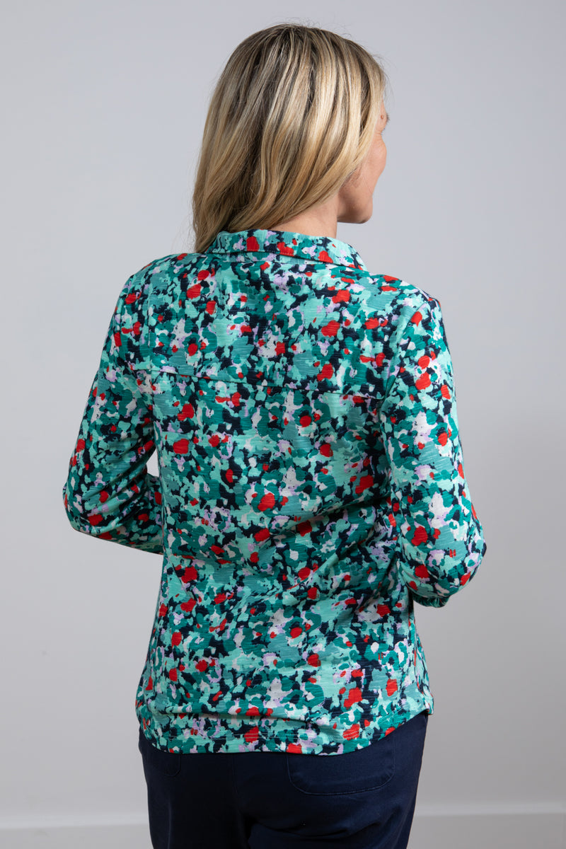 Lily & Me Bowbridge Frieda Top. A relaxed fit, long sleeve, collared neckline top with multicoloured pattern.