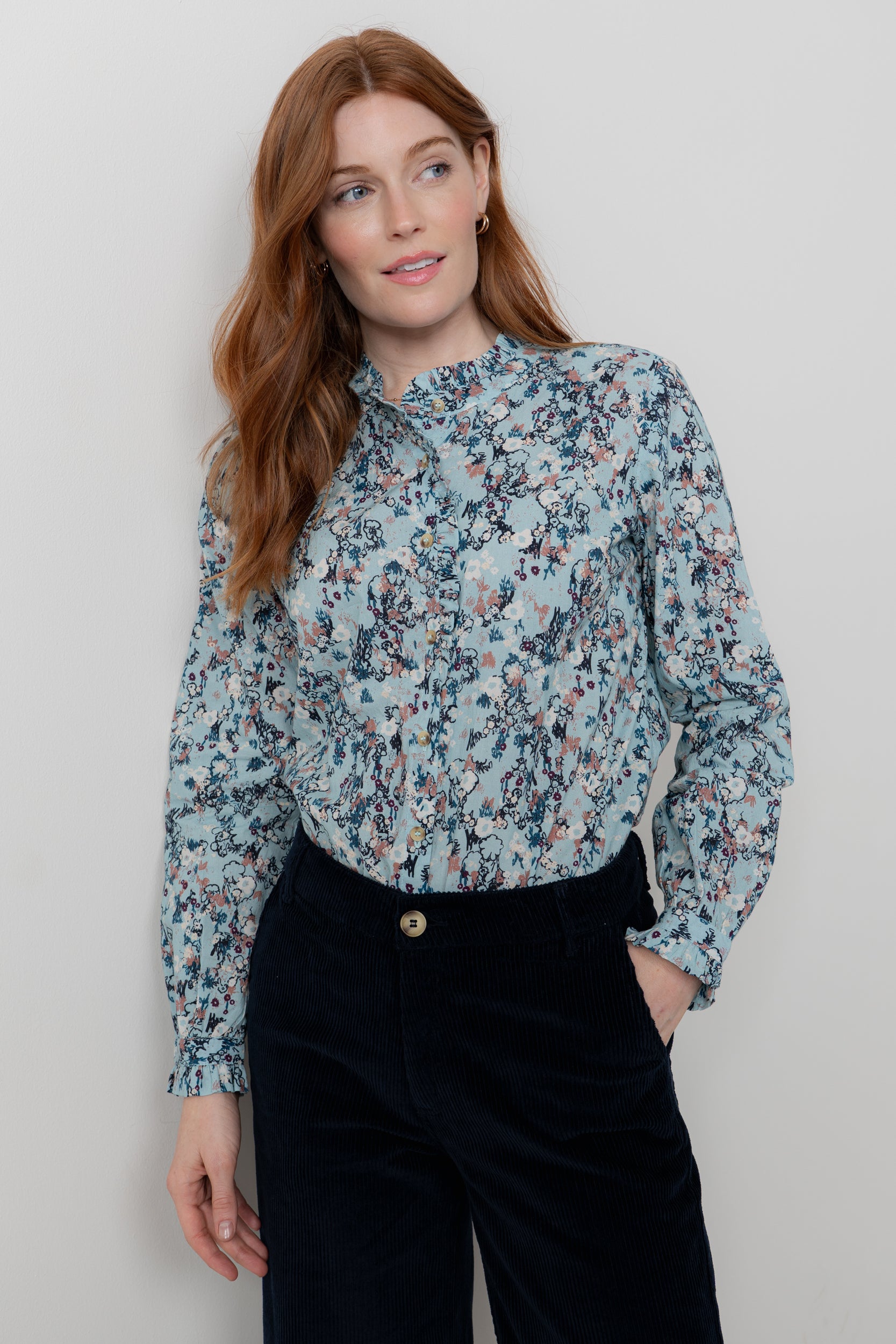 An image of the Lily & Me Rachel Frill Blouse Feather Ditsy
