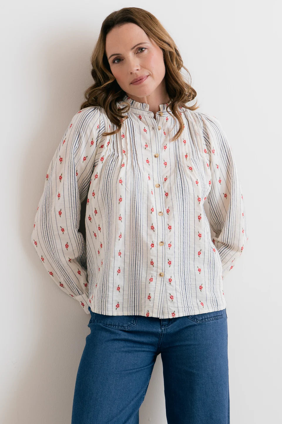Flora Blouse Floral Embroidered Stripe