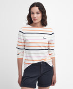 An image of a female model wearing the Barbour Hawkins Top in the colour Cloud Stripe.