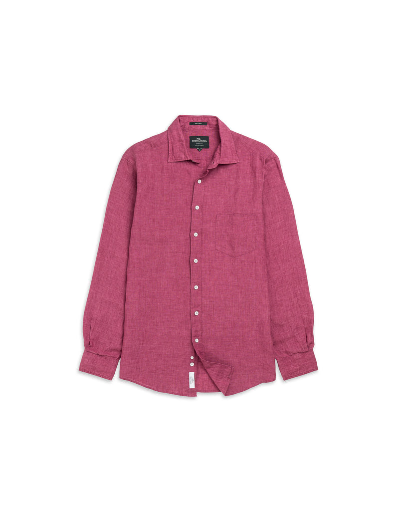 Rodd & Gunn Coromandel Long Sleeve Shirt. A long sleeve shirt with collared neckline, button closures and faded look. This shirt is a berry colour.