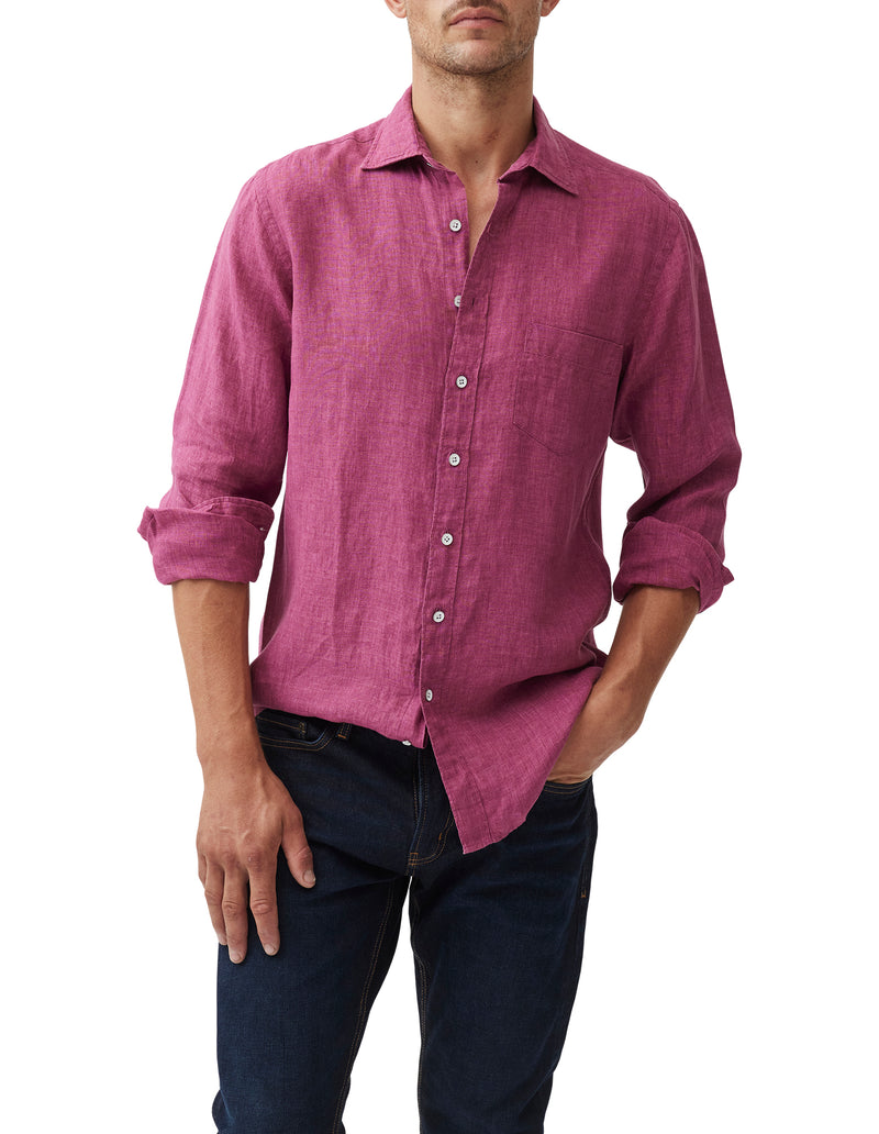 Rodd & Gunn Coromandel Long Sleeve Shirt. A long sleeve shirt with collared neckline, button closures and faded look. This shirt is a berry colour.