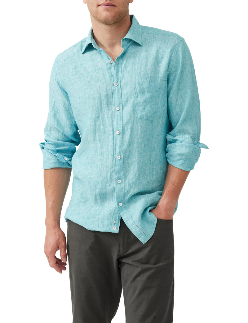 Rodd & Gunn Coromandel Long Sleeve Shirt. A long sleeve shirt with collared neckline, button closures and faded look. This shirt is a washed teal colour.