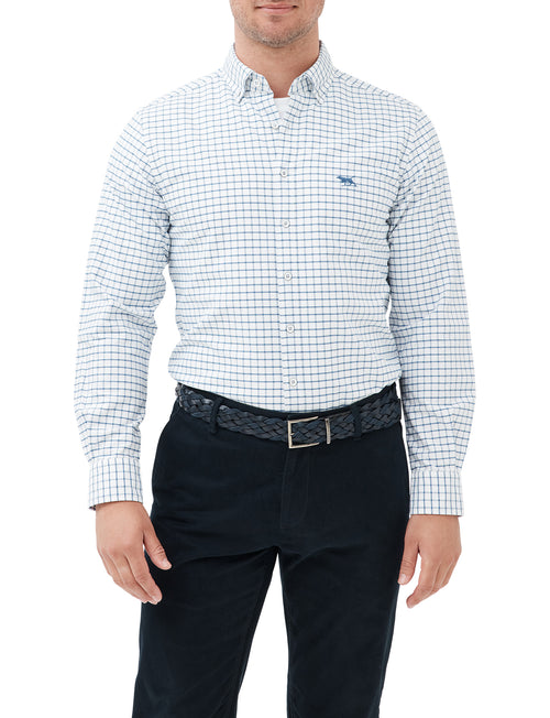 Rodd & Gunn Gunn Check Oxford Long Sleeve Shirt. A long sleeve shirt with collared neckline and button closure, in a blue and white check print.