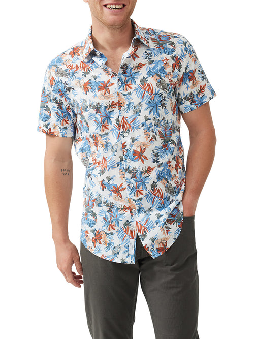 Rodd & Gunn Oyster Cove Shirt. A sports fit shirt with short sleeves, collared neckline, metal buttons and multicoloured leaf print.