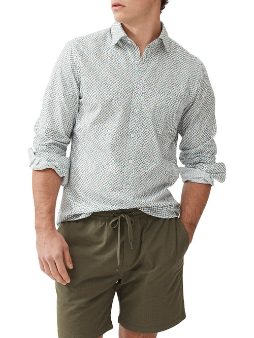 Rodd & Gunn Underwood Long Sleeve Shirt. A long sleeve shirt with a sports fit, collared neckline, and subtle blue print.