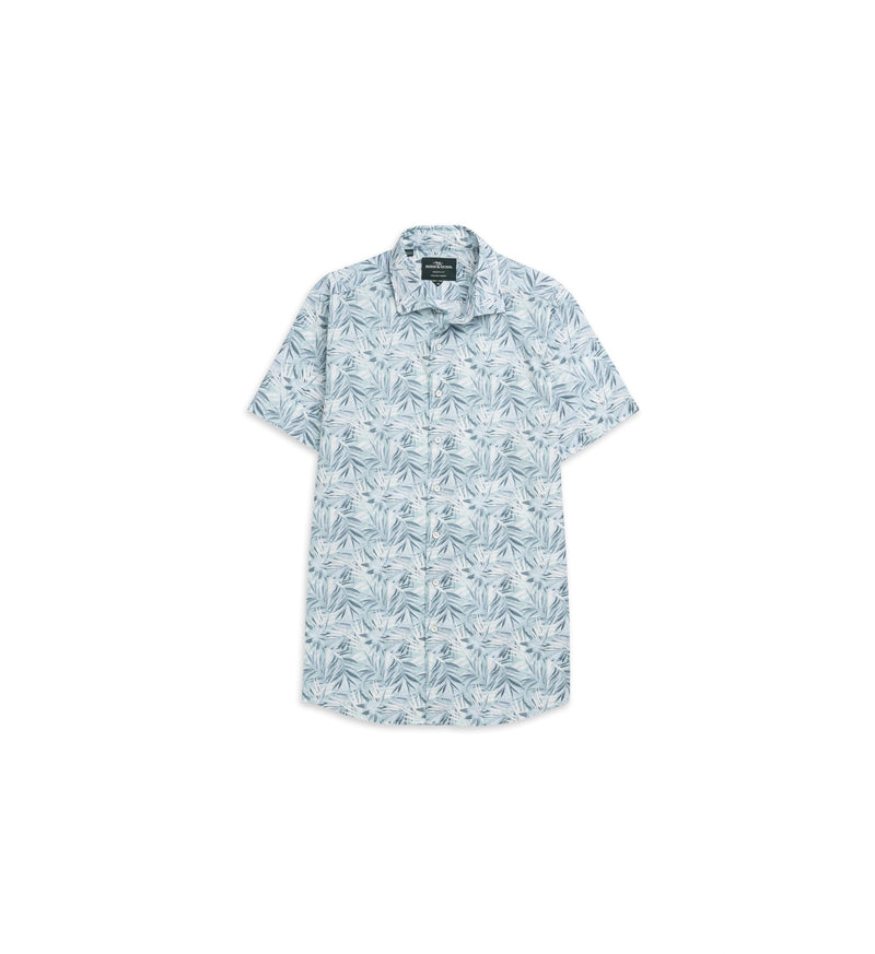 Rodd & Gunn Cherry Tree Bay. A sports fit shirt with short sleeves and collared neckline. This shirt has vintage-look buttons and a blue leaf print.