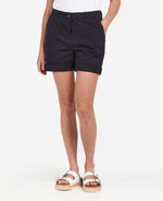 An image of a female model wearing the Barbour Chino Shorts in the colour Navy